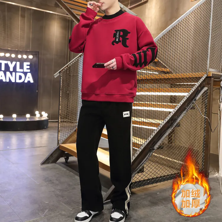 卫衣男加绒加厚套装秋冬季保暖青少年重磅植绒潮牌初中生男生衣服