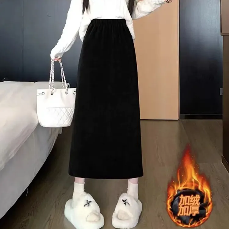 加绒加厚包臀半身裙韩版松腰高腰欧棉绒女秋冬直筒休闲长裙女