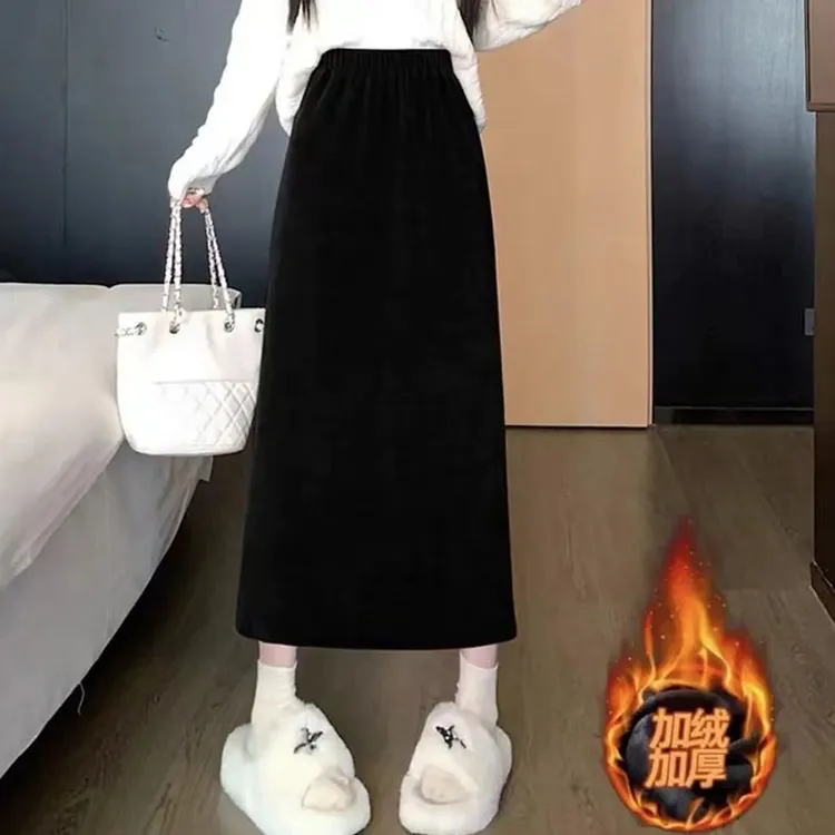 现货现发加厚加绒秋冬新款纯色韩版百搭高腰显瘦显百搭半身裙女