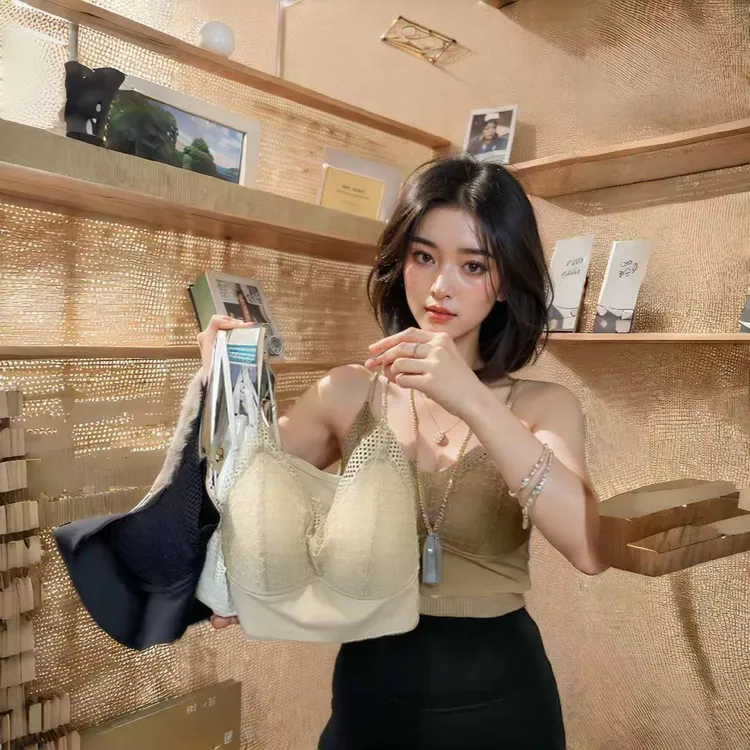 蕾丝吊带时尚美背夏季薄款无钢圈冰丝一体防走光透气性感无痕背心