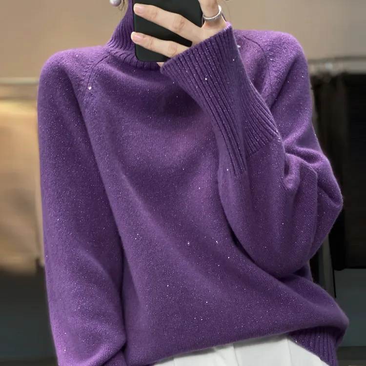 8899明星王菲同款纯羊毛衫两翻领毛衣女秋冬季宽松亮丝加厚打底衫