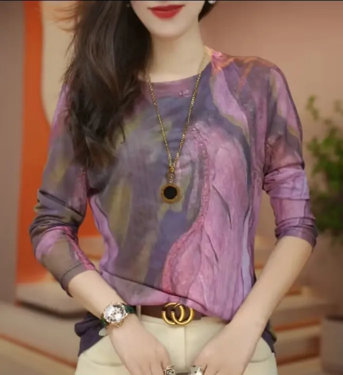 钻春季新款肌肤印花网纱上衣小衫女双层百搭洋气显瘦气质打底衫