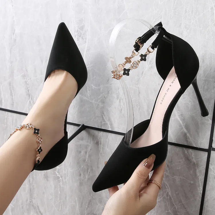 7-9】夏季新款爆款高跟女鞋小个子气质百搭细跟尖头链带中空一字带