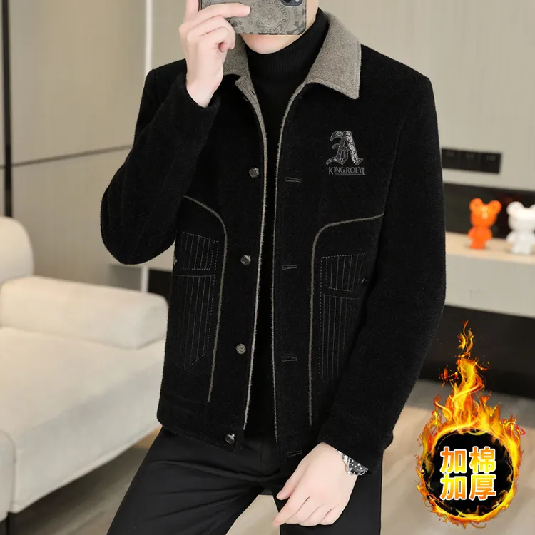 翻领雪尼尔洋绣花保暖毛呢外套男士冬季加绒加厚修身帅气休闲夹克