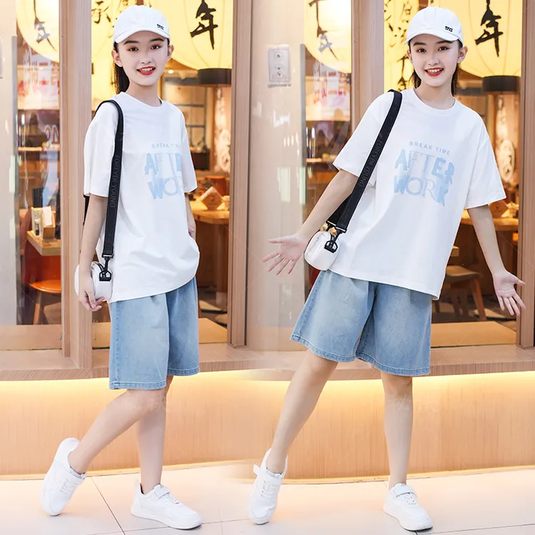 女童套装2025新款女大童初高中学生时尚休闲短袖t恤牛仔短裤套装