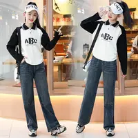 女童春秋套装2024新款洋女孩中大童洋气时髦长袖T牛仔裤两件套