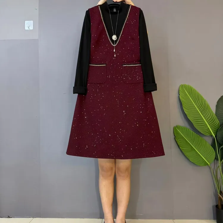 新款大码女装时尚洋气亮闪闪小香风马甲裙两件套套装