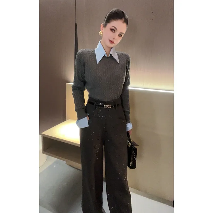 （不配腰带）原创高腰重工亮片阔腿裤K30133