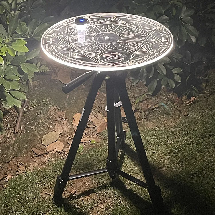 户外露营发光亚克力桌子透明小圆桌带灯塔便携三脚架夜市摆摊桌子