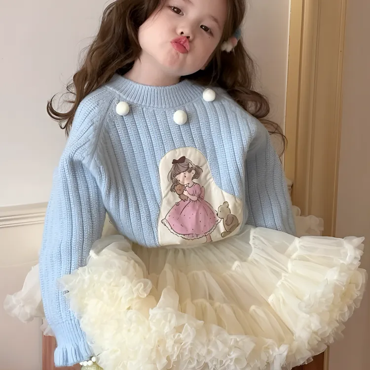 女童毛衣童装2024秋冬加厚韩系儿童可爱卡通贴布厚款毛衣洋气百搭