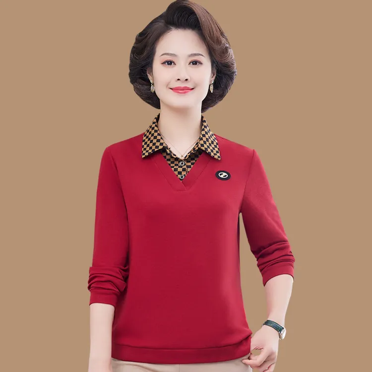 妈妈洋气长袖T恤假两件衬衫新款中老年人女春秋有领遮肚上衣