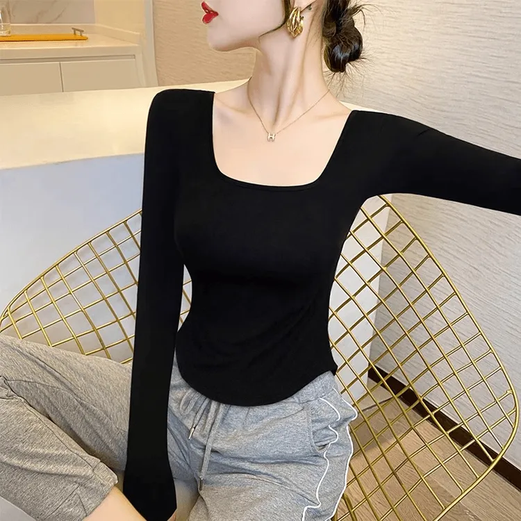 黑色打底长袖T恤上衣内搭法式方领棉质方领正肩修身打底衫上衣女
