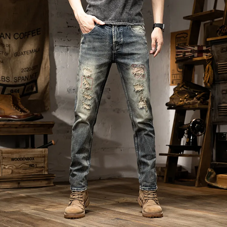 高端怀旧破洞牛仔裤男春秋冬休闲百搭美式潮牌修身男士做旧直筒裤
