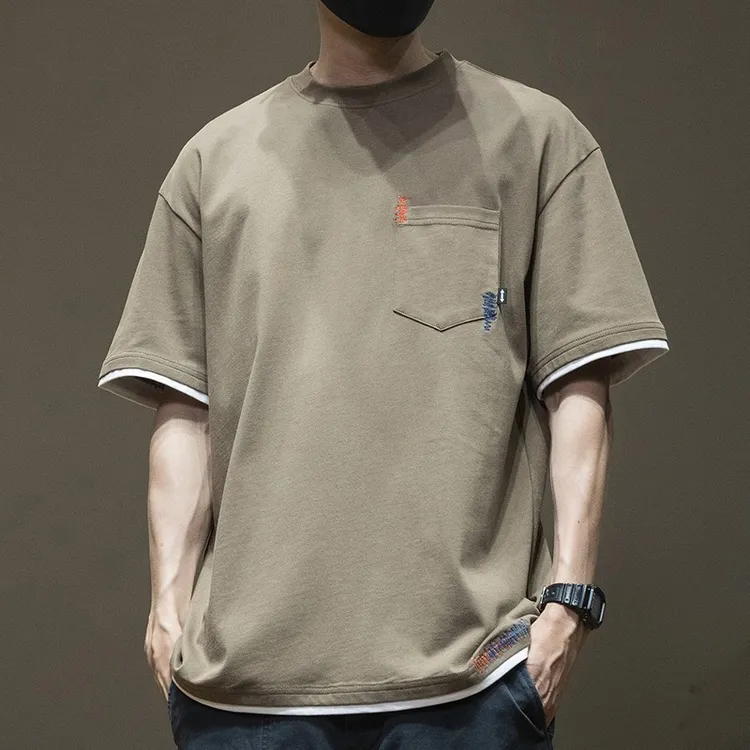 280g重磅圆领纯棉短袖T恤男假两件夏季口袋大码纯色半袖体恤衫ins