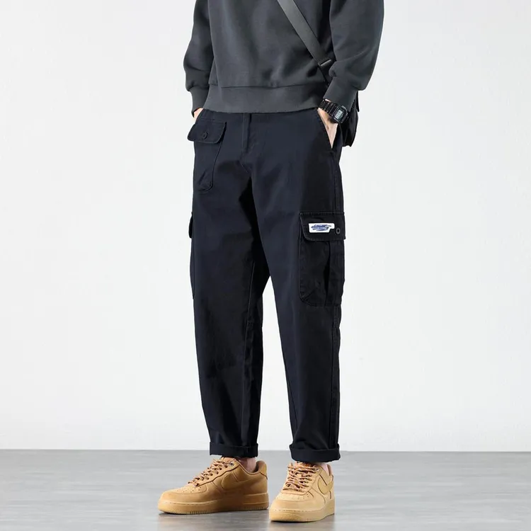 日系复古黑色工装裤男款秋冬季潮牌休闲裤纯棉男士加绒微锥哈伦裤