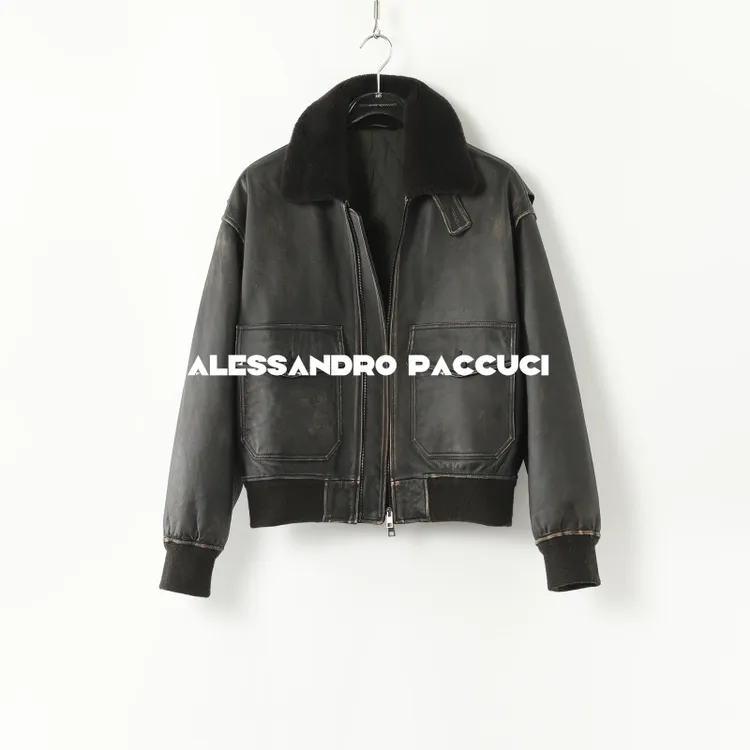 AP洛哥44051CM【黑标系列】进口羊皮毛领+骆驼绒手工擦色复古夹克