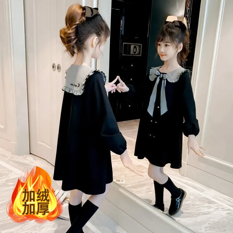 女童秋冬季保暖童装加绒加厚中大童裙子儿童小女孩宽松韩版连衣裙
