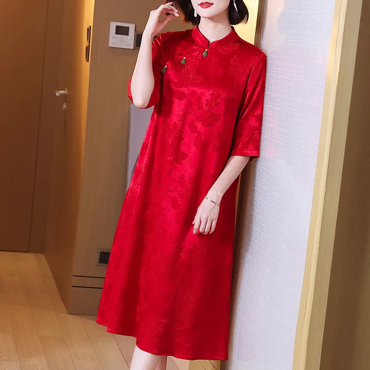 深圳中国风真丝旗袍裙气质婚庆大码复古中式红色桑蚕丝礼服婚宴裙