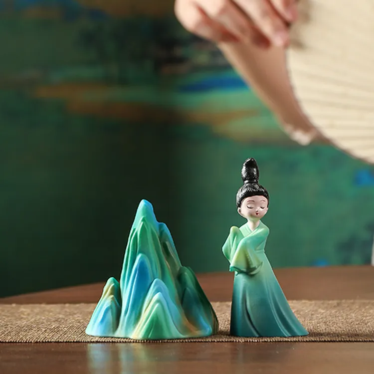千里江山只此青绿变色茶宠古风摆件树脂客厅书房家居桌面仕女装饰