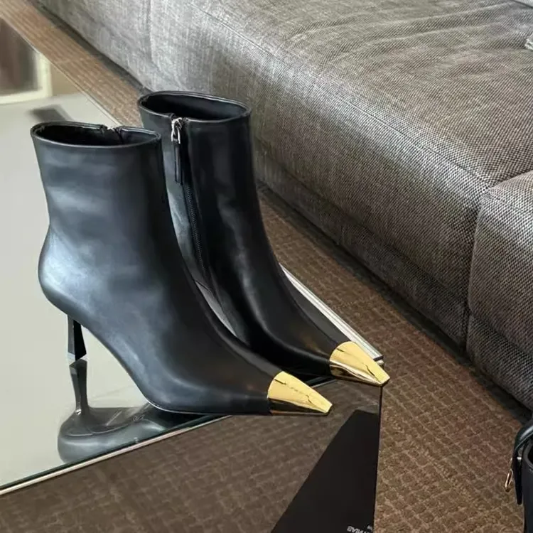 杨树林同款高跟短靴女款2025秋冬季新款超火金头真皮显瘦颜值杠杠
