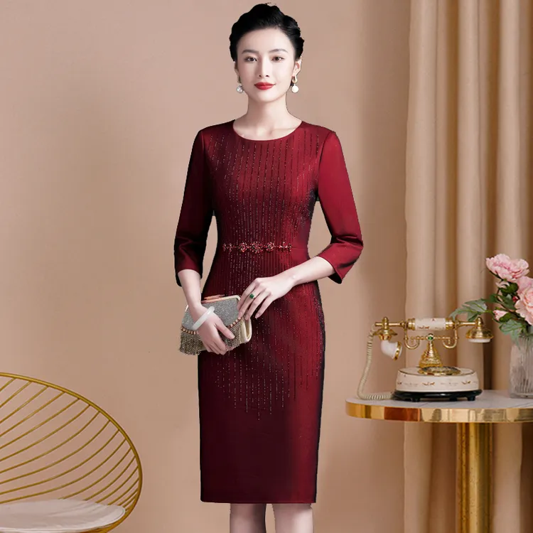 高档喜婆婆妈妈婚宴礼服婚庆服装中长款连衣裙气质高贵春秋装婚宴