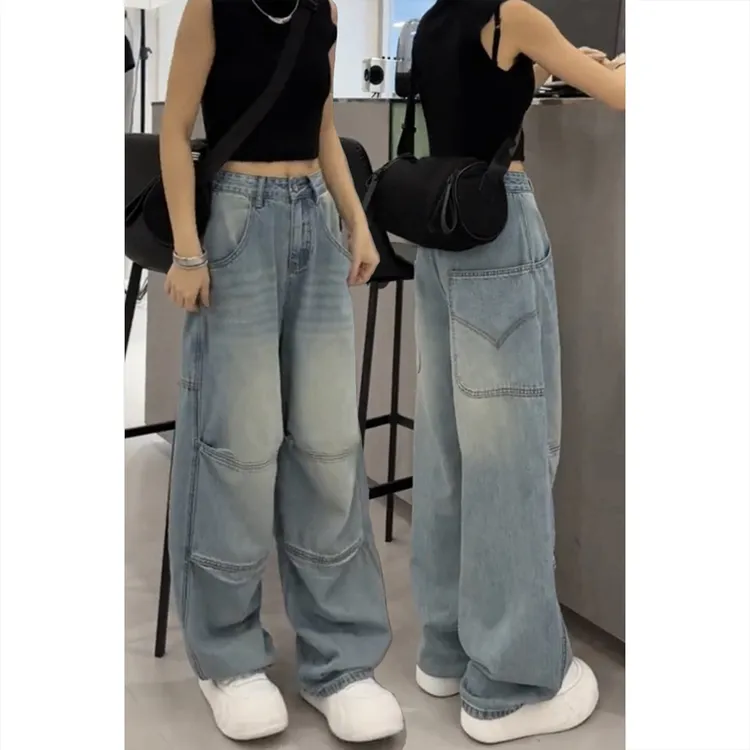 艾塔莉美式复古阔腿牛仔裤子女秋冬新款弯刀裤胖mm大码显瘦香蕉裤