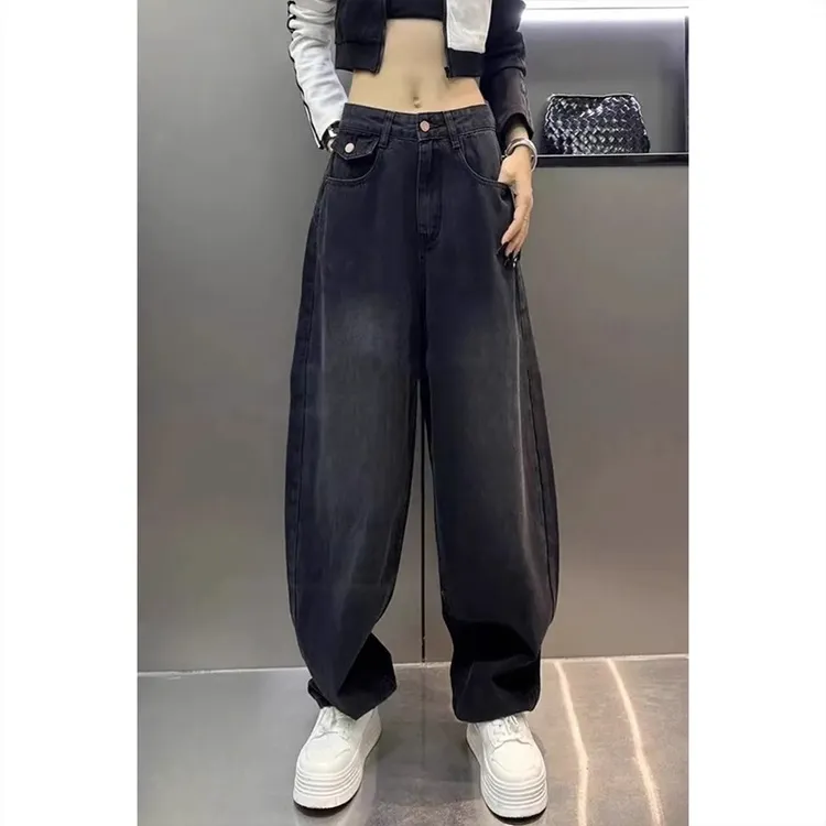 艾塔莉阔腿哈伦美式复古牛仔裤子女秋季新款香蕉裤大码弯刀老爹裤