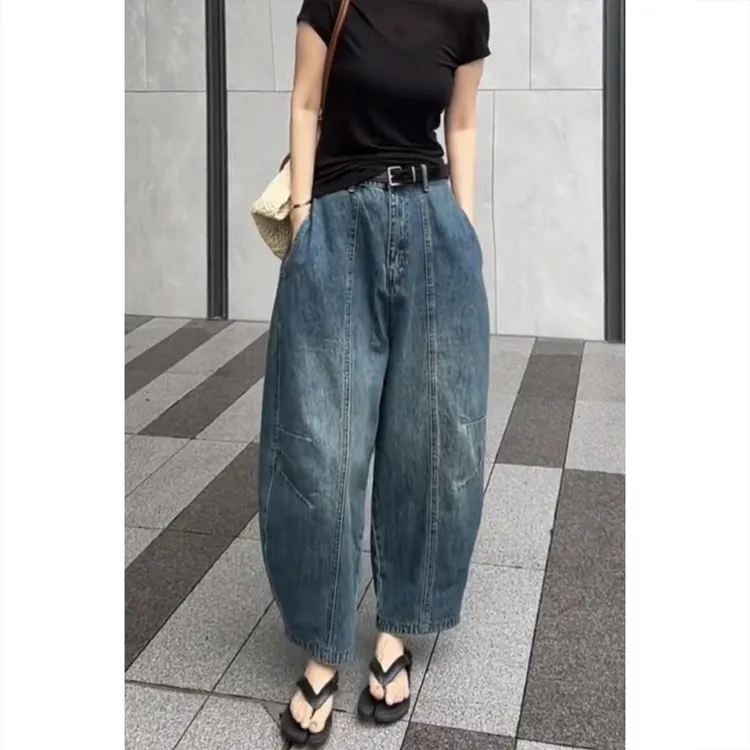 艾塔莉阔腿牛仔裤女夏季新款香蕉裤大码胖mm显瘦九分萝卜裤小个子