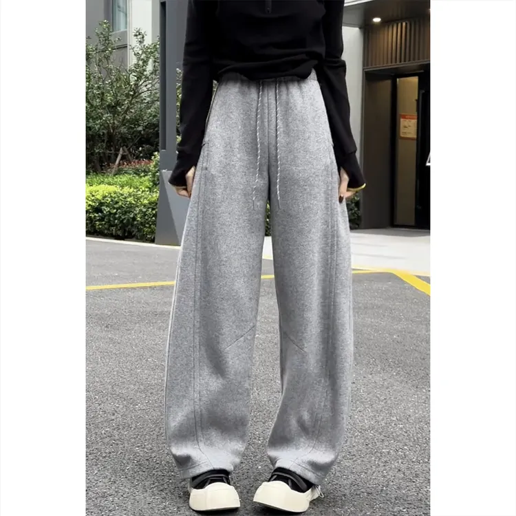 艾塔莉加绒加厚显瘦阔腿休闲裤子女秋季新款胖mm大码小个子弯刀裤