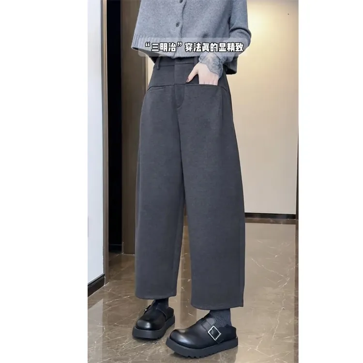 艾塔莉九分阔腿休闲裤加毛呢子加厚女显瘦秋季新款胖mm哈伦香蕉裤