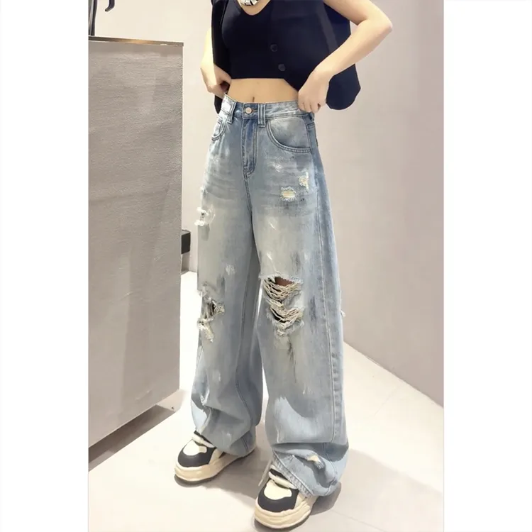 艾塔莉窄版破洞阔腿牛仔裤子女秋季新款拖地裤胖mm大码美式弯刀裤