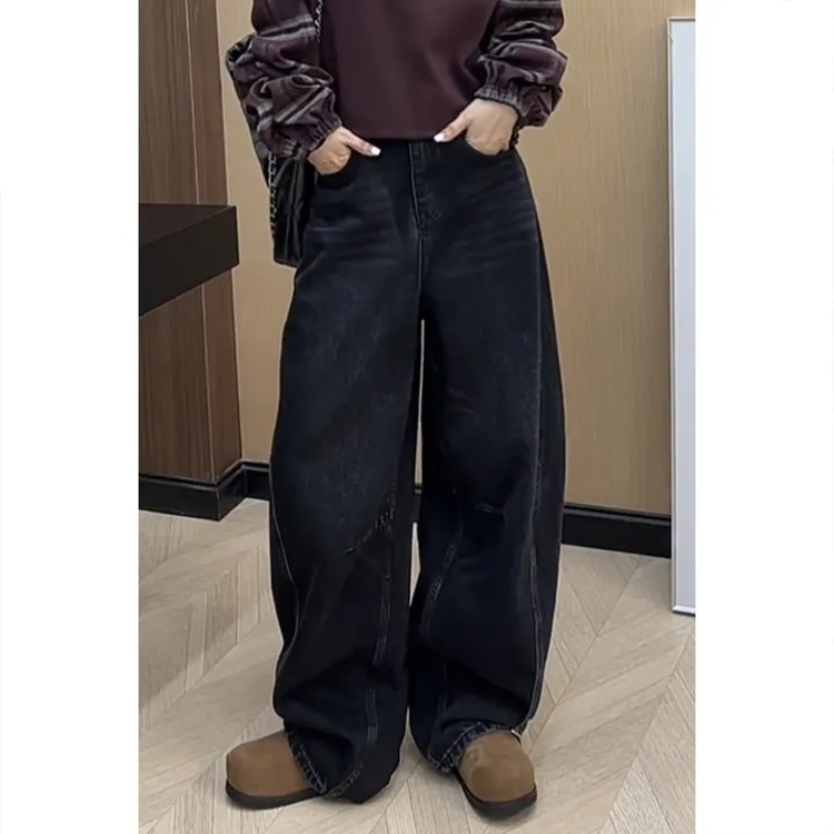 艾塔莉梨形身材黑色阔腿牛仔裤女秋季新款慵懒风裤子大码弯刀裤