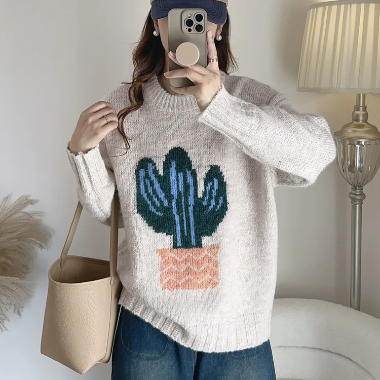 毛衣针织时尚百搭宽松慵懒风圆领秋冬套头长袖加厚卡通外套韩版