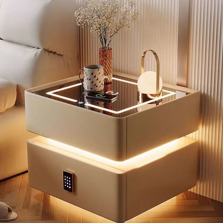 智能床头柜现代简约实木带灯卧室轻奢多功能无线充电蓝牙智能床柜