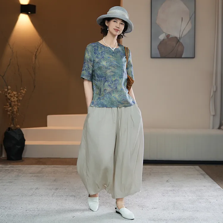 【芙澜卡尔】套装24052080花色短袖圆领春夏款中老年妈妈装中国风