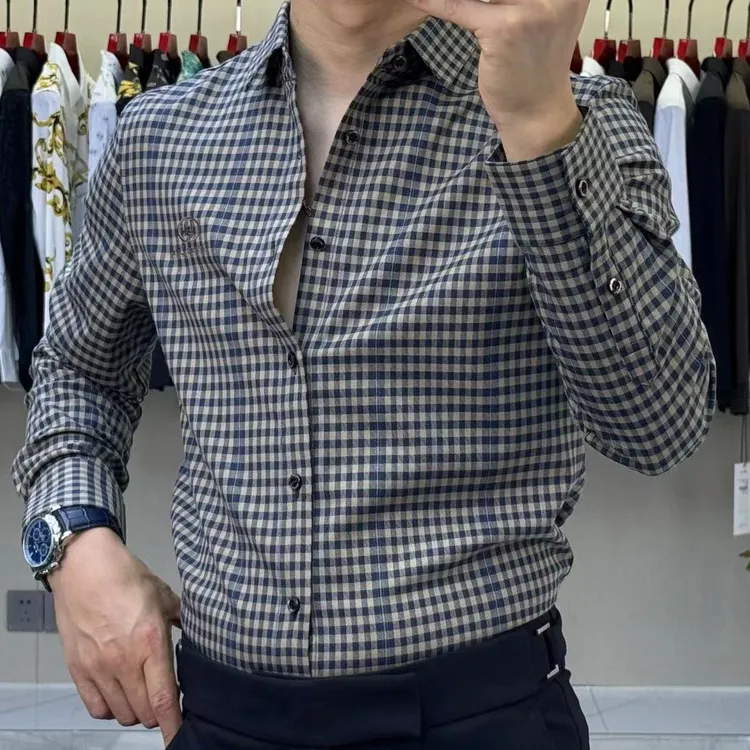 男士秋冬2色潮流格纹百搭商务休闲格子长袖衬衫衬衣修身韩版洋气