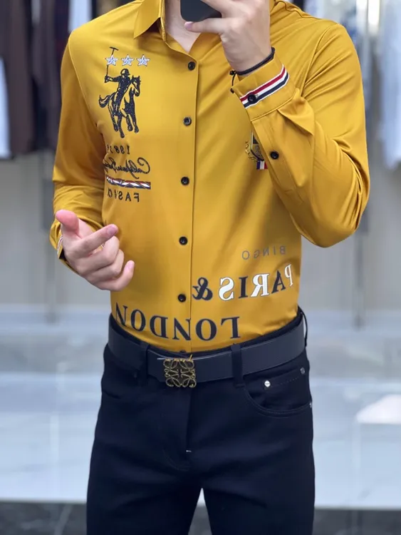 男士新款弹力轻奢百搭潮流修身印花时尚休闲长袖衬衫