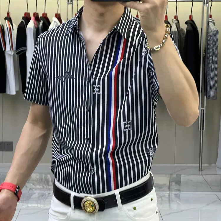 男士夏季新款百搭时尚翻领个性薄款商务条纹休闲潮流衬衫衬衣轻奢