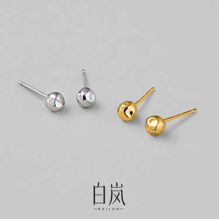 925银耳饰 白岚锤纹圆珠耳钉女925银饰品小众设计高级感ED4145