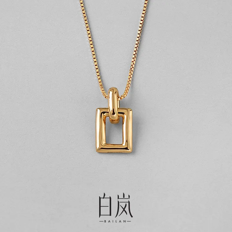 坠链均925银 白岚小方扣项链女S925银气质长款金色轻奢坠链XL1873