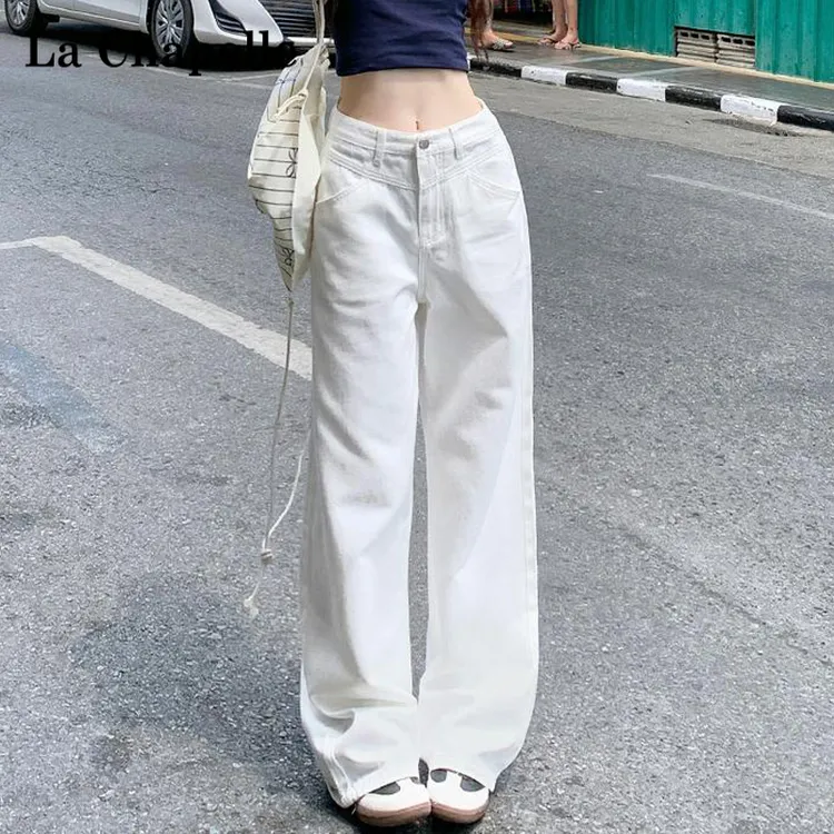 拉夏贝尔白色阔腿裤子女春秋季2025新款小个子宽松显瘦百搭牛仔裤