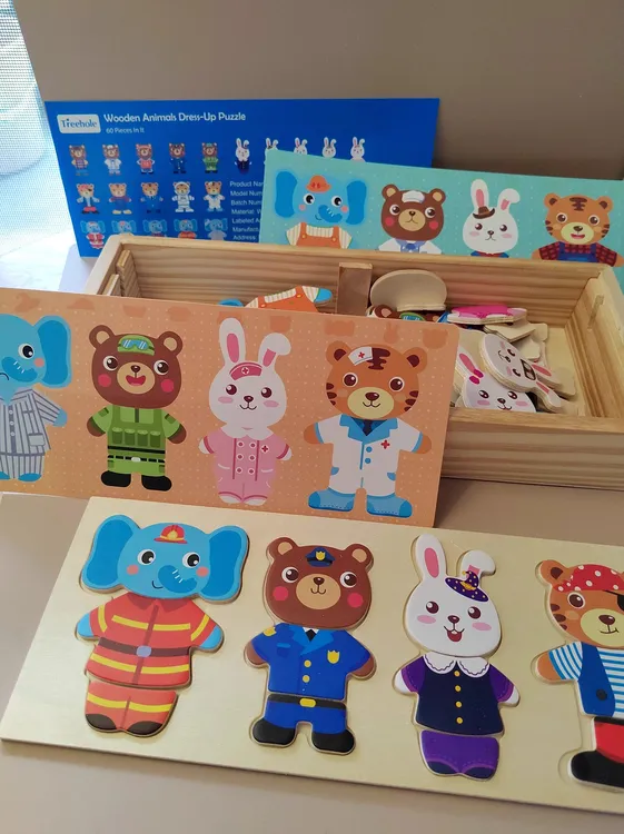 小熊换衣服男女孩木质动物换装拼图拼拼乐玩具3456岁宝宝互动益智