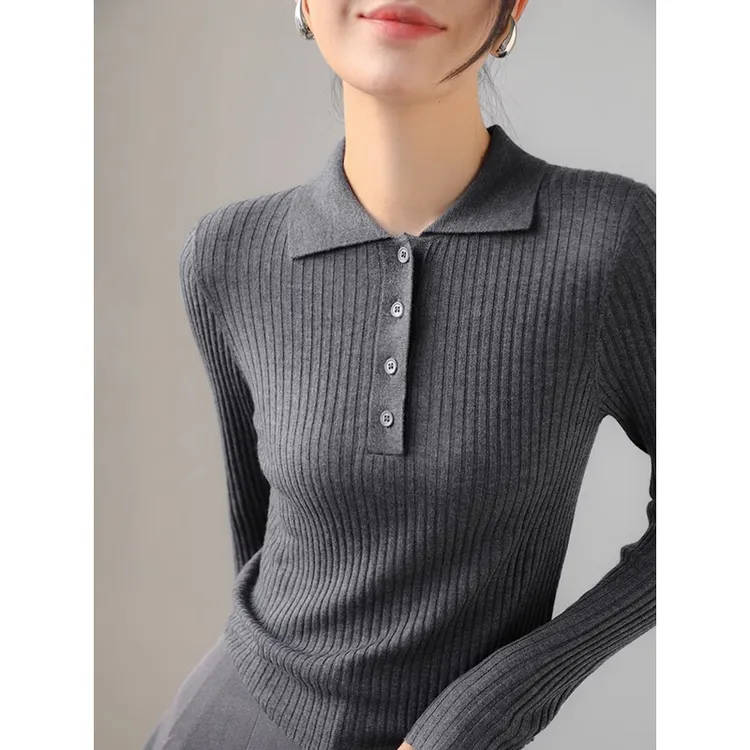 法式复古POLO领坑条长袖针织衫女秋修身套头内搭外穿打底毛衣灰色