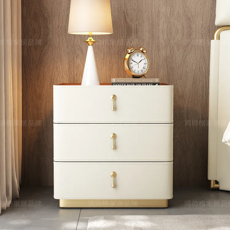 鸿帅格马鞍皮高级床头柜现代床边柜家用收纳柜客厅意式极简储物柜