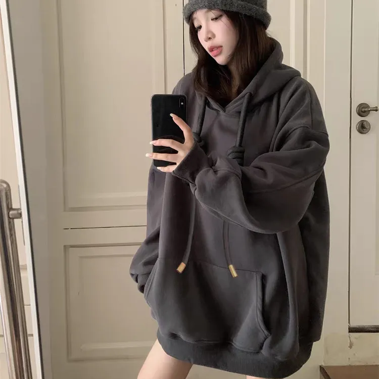 灰色连帽卫衣女秋冬加绒加厚爆款韩版慵懒风中长款遮屁股美式上衣