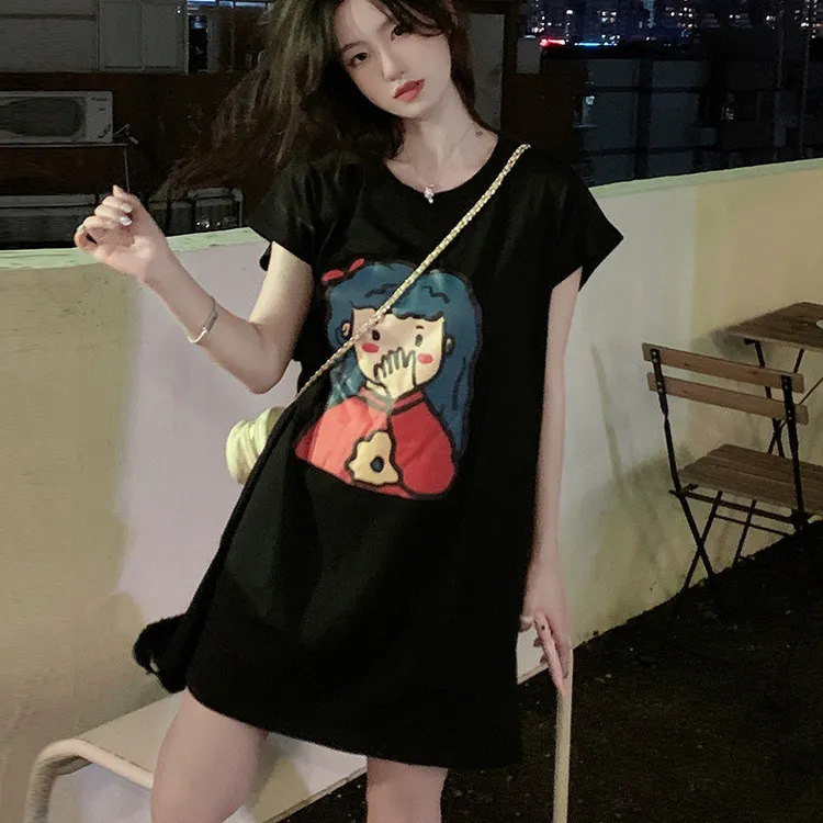黑色插肩袖t恤女夏2023新款宽松长款纯棉连衣裙chic港味上衣潮牌