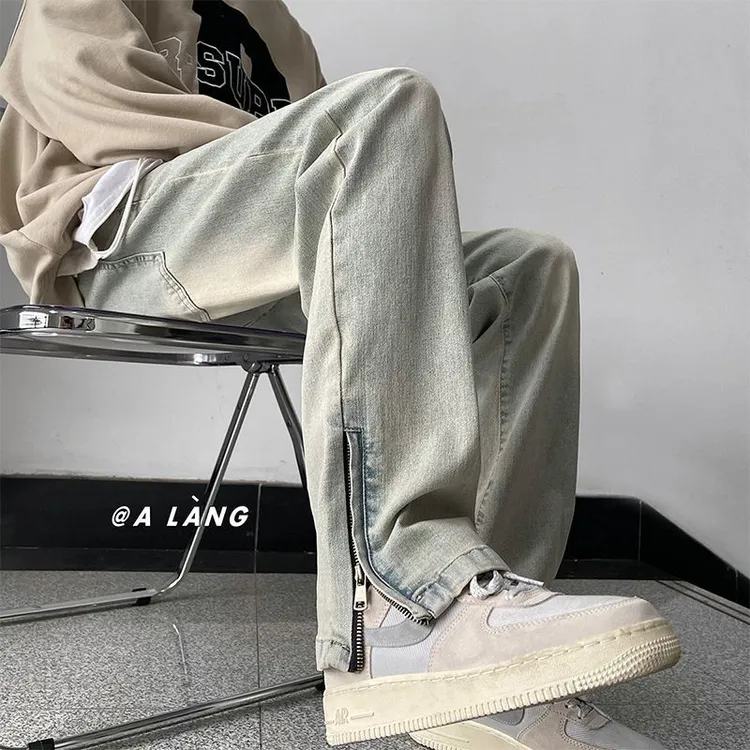 炸街痞帅侧边拉链牛仔裤男复古水洗裤子美式高街潮牌直筒百搭长裤