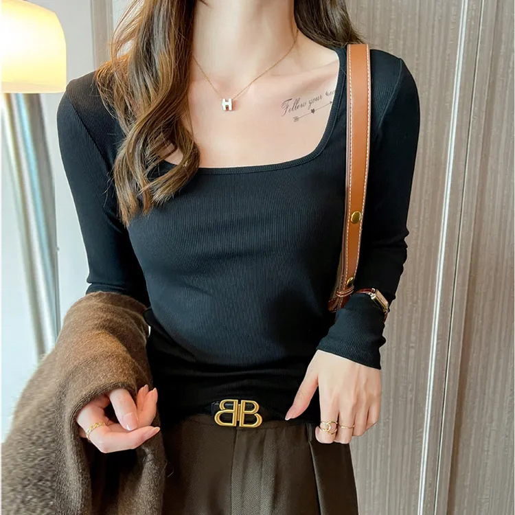 洋气螺纹方领秋冬季内搭打底衫女新款可外穿长袖修身高级感t恤