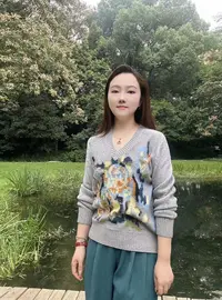 女装秋冬V领4658花卉涂鸦提花宽松针织毛衣