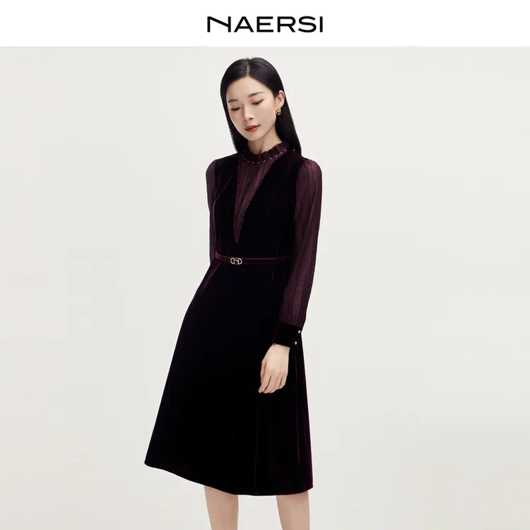 娜尔思连衣裙（配腰带）显瘦气质长袖丝绒时尚收腰秋冬NF09096A5